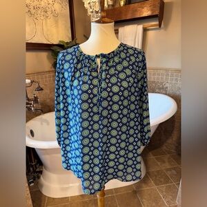 Pleione Navy and Lime Patterned Blouse size medium
